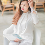 2016秋季墨绿白色气质休闲韩版公主瘦身长袖圆领套头女上衣雪纺衫