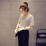 韩国夏季时尚圆领短袖修身显瘦条纹印花雪纺衫女休闲学生上衣韩版
