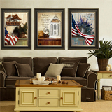 美式客厅装饰画高档实木框画 沙发背景墙挂画有框画复古美国国旗