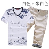 一套夏季韩版修身青少年短袖T恤学生潮男士运动休闲7七分短裤套装