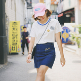 2016夏季韩版圆领条纹短袖笑脸印花字母t恤女学生休闲百搭上衣潮