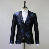 欧美大牌设计感西服外套 复古黑蓝色大花印花修身西装男