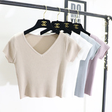 2016新款韩版V领纯色修身显瘦短款弹力冰丝打底针织衫T恤上衣女