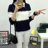 2016春秋新款女装韩版修衬衫领条纹长袖T恤学生款短款上衣打底衫