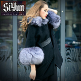 siyun/2016欧洲站双面呢羊毛大衣女蝙蝠袖狐狸毛领中长款外套女装