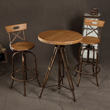 美式酒吧椅 时尚创意实木吧台椅 复古做旧高脚酒吧桌椅组合可定制