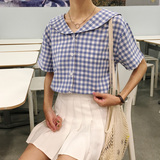 韩国ulzzang学院风百搭宽松格子衬衫女夏学生娃娃海军领短袖上衣