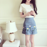 2016夏装韩版清新刺绣花朵短袖白T恤高腰包臀半身裙百搭两件套装