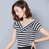 V领黑白条纹短袖t恤女装2016夏装新款潮韩版修身体恤上衣小衫女