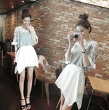 香港代购韩国 春夏雪纺蕾丝荷叶边收腰中长款两件套衬衫连衣裙女