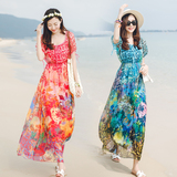 夏季新款韩版女装海边度假中长款雪纺连衣裙修身显瘦长裙沙滩裙子