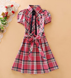 韩版夏装新款少女学生装学院风衬衫翻领木耳花边中长款格子连衣裙