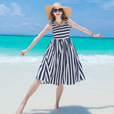 2016夏季波西米亚沙滩裙蓝白条纹吊带露肩高腰连衣裙蓬蓬短裙子