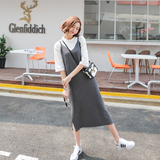 韩版夏季短袖背带裙中长款宽松大码女装连衣裙女学生套装两件套女