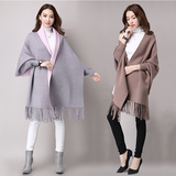 2016新款韩版斗篷披肩外套女秋冬流苏双面针织开衫中长款加厚毛衣
