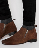 英国正品代购 ASOS男鞋棕色麂皮切尔西尖头皮靴短靴侧拉链绒面