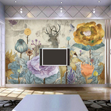 3D北欧大型壁画 墙纸壁纸 电视背景墙 田园客厅卧室墙画 麋鹿花卉