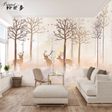 电视背景墙壁纸3D大型壁画客厅沙发墙纸卧室墙布北欧麋鹿树林手绘