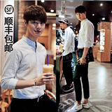 2016韩版新款时尚休闲气质男士衬衫小格子纯棉长短袖七九分袖衬衣