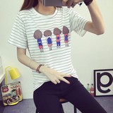 【天天特价】夏季卡通少女条纹T恤女韩版大码宽松圆领短袖学生