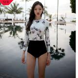 新款韩国代购长袖连体三角泳衣女素花撞色防晒聚拢显瘦时尚保守女