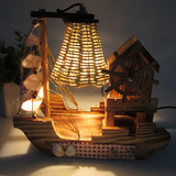 包邮木屋风车音乐盒帆船台灯 创意原木环保小夜灯 手工工艺品摆件