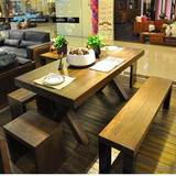 全实木餐桌椅组合美式做旧咖啡厅长方形吃饭桌子客厅复古原木茶桌