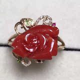 仿日本阿卡珊瑚戒指指环18k金镶嵌 玫瑰花开富贵 美艳男女款