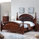 美式乡村全实木床1.8米黑胡桃木床双人床软靠真皮床古典卧室家具