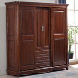 美式全实木衣柜2.15米黑胡桃木衣柜推拉门移门大衣橱欧式卧室家具