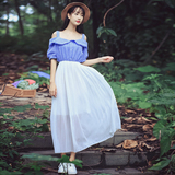 ◆OL有范◆日韩森女系小清新文艺格子吊带式长裙短袖小香肩连衣裙