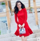 2016秋冬季新款韩版明星同款修身显瘦荷叶边长袖连衣裙女装红裙子