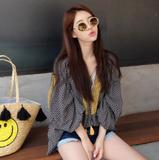 韩国代购2016夏季新款女装宽松大码格子流苏中长款开领灯笼袖衬衫