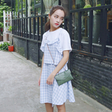 夏季女装韩版学院风荷叶边小清新假两件格子短袖连衣裙休闲中裙潮
