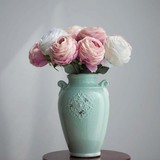 欧式复古做旧地中海美式家居饰品青瓷玉色双耳冰裂纹陶瓷花瓶花器