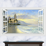 3D立体窗户海边城堡晨光透云层 度假风景壁画客厅卧室壁纸墙贴