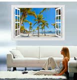 3D立体窗户 椰子树大自然沙滩海景 卧室客厅墙贴风景壁画壁纸B375
