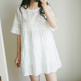 2016夏季新品日系森女白色蕾丝连衣裙小白裙刺绣喇叭袖女装
