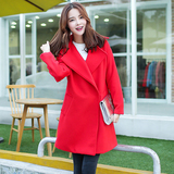 2016秋冬新品女装大红茧型宽松廓形翻领显瘦外套羊毛呢子大衣