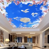 美式欧式3D立体蓝天白云壁纸简约酒店客厅吊顶壁画天花板墙纸樱花