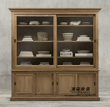 法式实木橡木可移动推拉门书柜欧式美式玻璃门移门碗柜展示柜