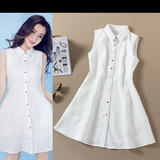 Angelababy杨颖同款衬衫2016夏季新品白色无袖修身连衣裙女装