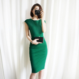 16夏韩版新款 气质简约OL通勤修身显瘦纯色中长款包臀连衣裙 绿色
