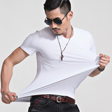 夏季男士打底衫纯色v领短袖t恤白色运动修身T恤弹力纯棉健身衣服
