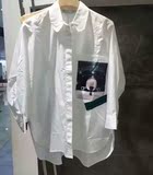 2016秋新款韩版九分袖白色纯棉印花显瘦衬衫上衣 女MQWS522B 包邮