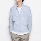日系小清新蓝白条纹立领衬衣 韩版竖条修身长袖衬衫潮男短款衬衫