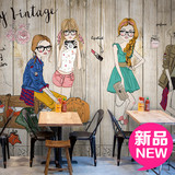 欧式时尚手绘卡通女孩木纹大型壁画服装店商场咖啡厅餐厅墙纸壁纸