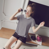 2016夏装新款韩版百搭娃娃领黑白条纹T恤女短袖宽松上衣打底衫