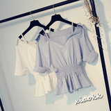2016夏季韩版白色衬衫显瘦吊带V领蝙蝠袖雪纺衫女一字领露肩上衣