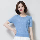 2016夏装新款韩版短袖上衣圆领修身显瘦T恤女桑蚕丝套头薄针织衫